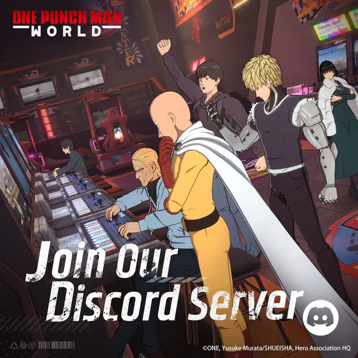An Image Of Heroes From The Official One Punch Man: World Discord Server Asking Fans To Join.