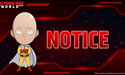 Saitama From One Punch Man With A 'Notice' Sign, Highlighting The End Of Opm: World Pre-Registration Rewards.
